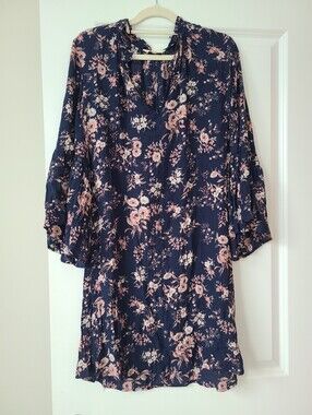 Lucky Brand Navy Floral Bell Sleeve Boho Dress